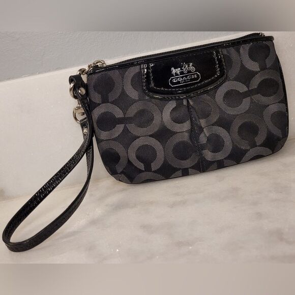 COACH OP Art Wristlet Black Silver Logo Canvas, Patent Leather Trim - Picture 1 of 9